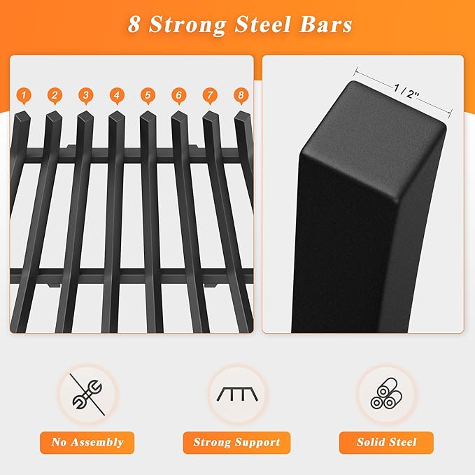 Fireplace Grate 30 Inch with 8 Support Legs, Solid Steel Heavy Duty Fireplace Log Holder with Fire Log Tongs & Fire Poker, Fireplace Log Grate for Indoor Fireplace and Outdoor In-ground Firepit