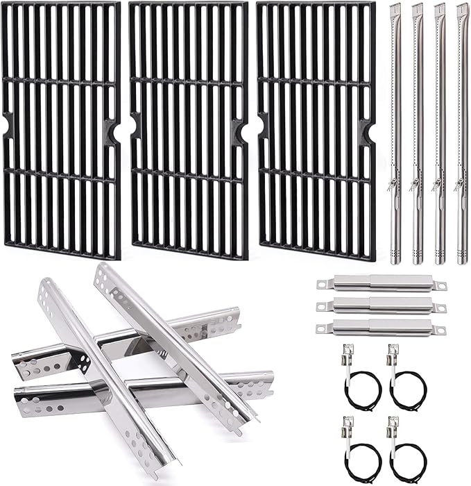 Criditpid Grill Replacement Parts for Charbroil Advantage 4 Burner 463344116, Cast Iron Grill Grates, Stainless Steel Burner Tubes, Heat Plates Shields, Adjustable Carryover Tubes & Igniters Kit.