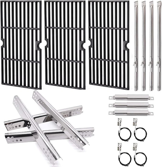 Criditpid Grill Replacement Parts for Charbroil Advantage 4 Burner 463344116, Cast Iron Grill Grates, Stainless Steel Burner Tubes, Heat Plates Shields, Adjustable Carryover Tubes & Igniters Kit.