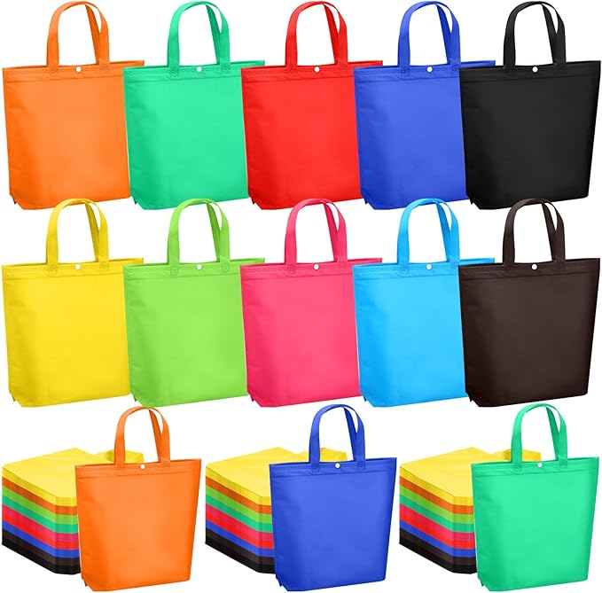 Paterr 150 Pcs Reusable Grocery Bags Bulk Large Grocery Shopping Tote with Handle Multicolor Non Woven Portable Tote Foldable Gift Bag with Button, 14.96 x 12.6 x 3.94 inches