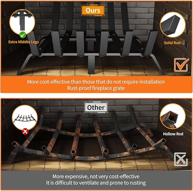 Heavy Duty 17Inch Fireplace Grate, Solid Steel Log Rack for Wood Burning, Extra Wide Firewood Grates for Indoor Fireplace & Outdoor Fire Pit, Wood Stove Grate