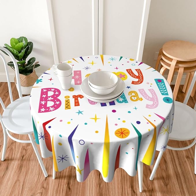 Happy Birthday Round Tablecloth Happy Birthday Tablecloth 60 Inch Waterproof Rustic Table Cloth Fabric Farmhouse Stripe Decorative for Picnic Party Holiday Home Indoor Outdoor
