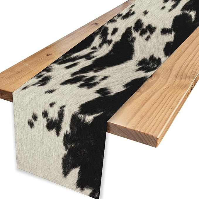 Cow Print Table Runner, Black Cowhide Print Western Style Table Runner Country Farmhouse Cottage Cow Pattern Linen Table Decoration for Home Kitchen Dining 13x108