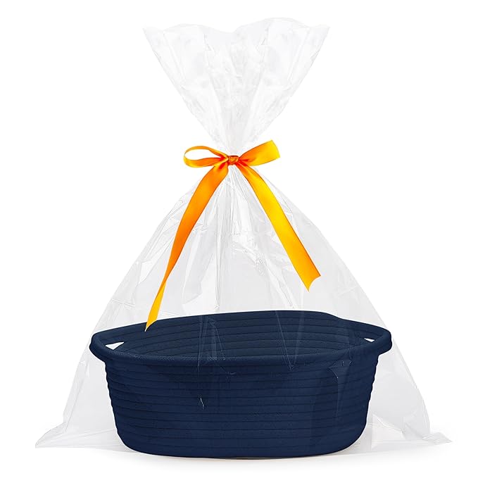 Pro Goleem Small Woven Basket with Gift Bags and Ribbons Durable Baskets for Gifts Empty Small Rope Basket for Storage 12"X 8" X 5" Baby Toy Baskets with Handles, Navy Blue