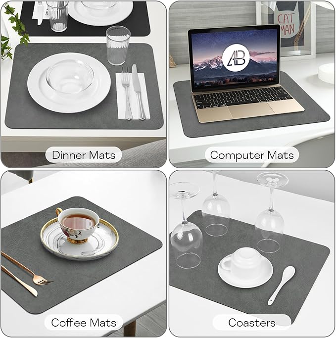 PU Leather Placemats Set of 6 Table Mats Heat Resistant Kitchen Place Mats, Waterproof Wipeable Dining Table Placemats for Home Party Outdoor, 15.8 x 11.8 inches (Grey/Black)