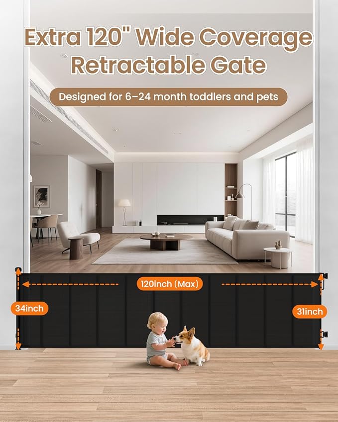 120" Wide Retractable Baby Gate, 34" Tall Reinforced Mesh Gate with 10 Rods to Prevent Sagging, Secure Closure Extra Wide Baby Gate for Large Living Rooms, Indoor/Outdoor Spaces, Black