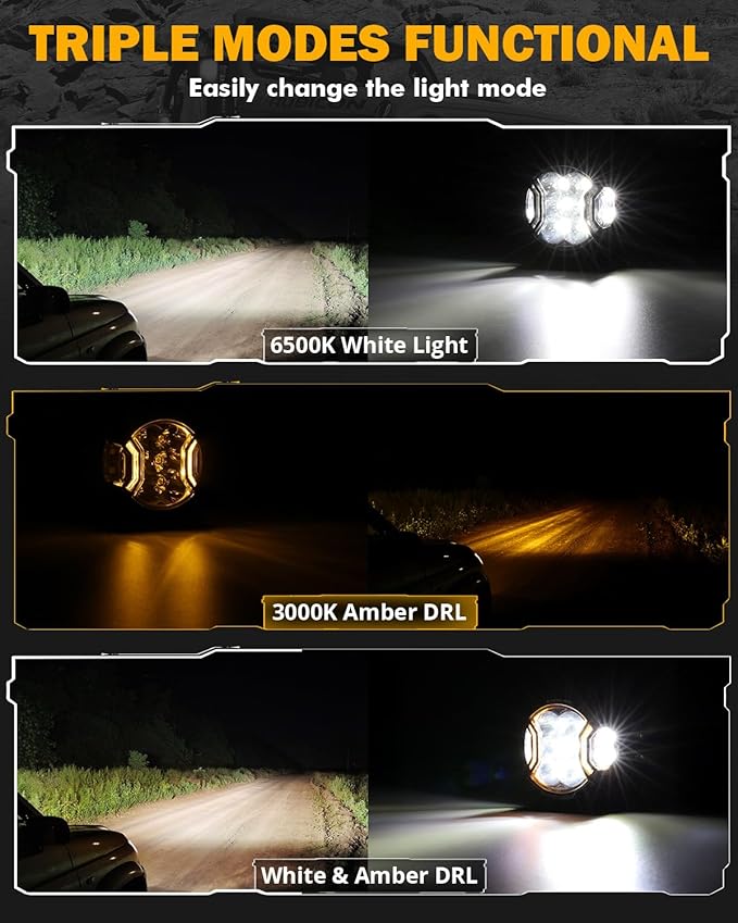 Auxbeam 3 Inch Round Driving Lights, 108W Side Shooter Offroad Pod Lights with Amber DRL, 270° Ultra-Wide Ditch Light Hyper Spot Beam Work 3 Modes White Amber Yellow Cube Pod with Covers, Pair