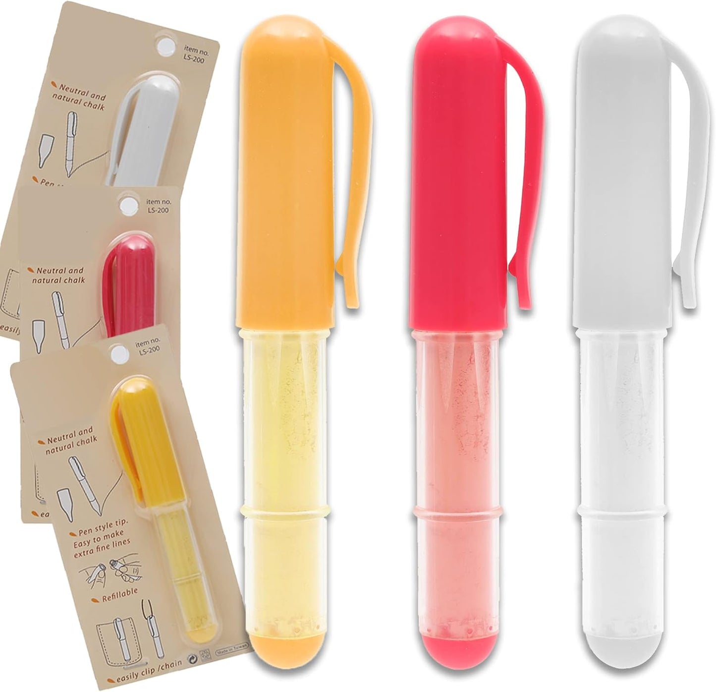 (3-pack) Fabric Chalk Markers -Erase Tailor’s Chalk for Quilting and Sewing - Compatible with Most Fabrics - With Dosing Wheel Technology, Red, Yellow, White