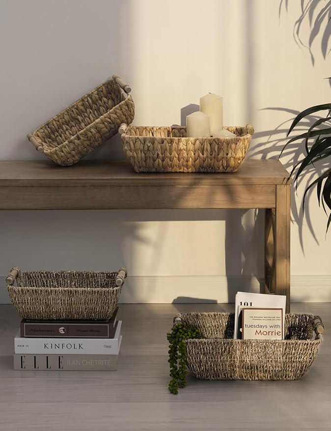 StorageWorks Small Baskets for Shelf, Seagrass Woven Basket with Wooden Handles for Gifts, 2-Pack