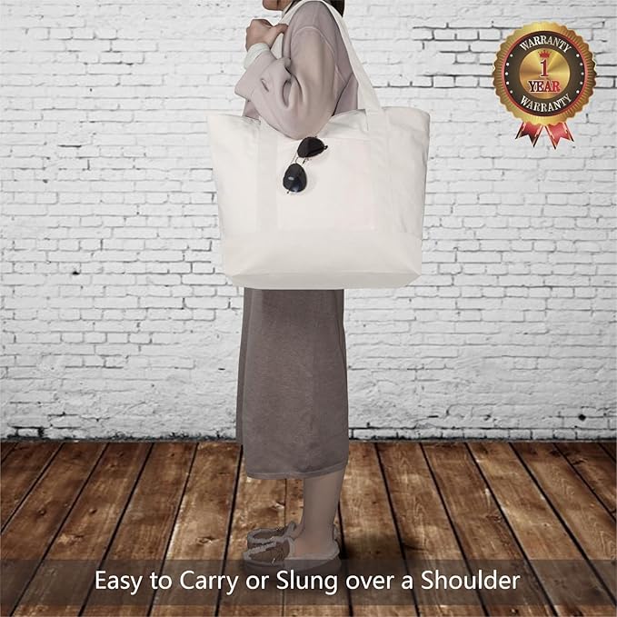 TOPDesign 6-Pack Canvas Tote Bags with an External Pocket, Reusable Grocery Shopping Bags, Top Zipper Closure, Daily Essentials (Natural)