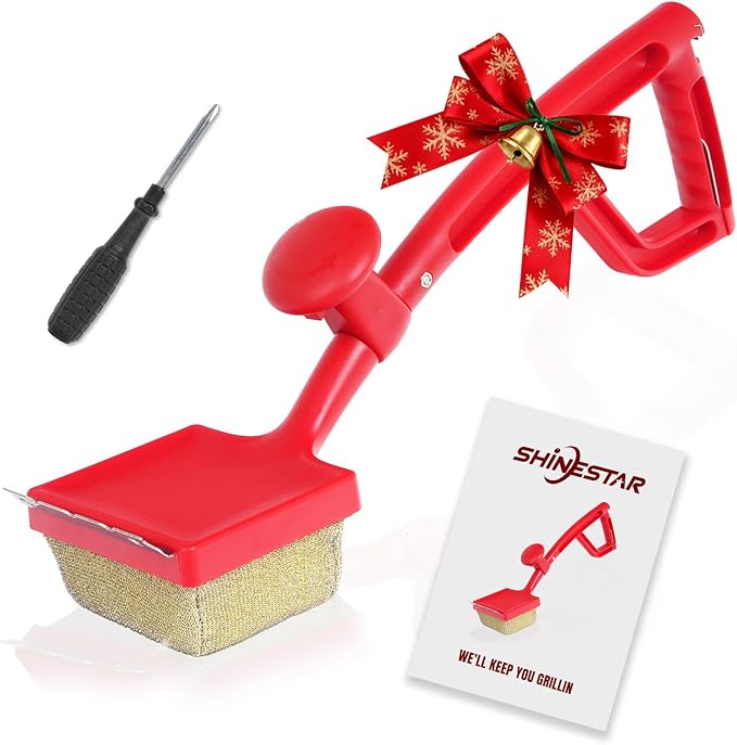 SHINESTAR Steam Grill Brush Bristle Free - Replaceable Cleaning Head with Unique Seamless-Fit Scraper, Durable Safe BBQ Cleaner for Cast Iron, Stainless-Steel & Various Grill Grate Types-Red