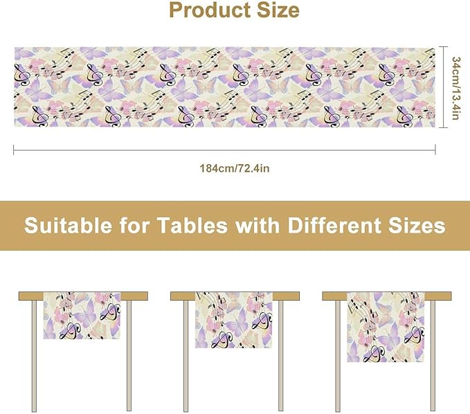 Music Butterfly Table Runner, Beautiful Musical Notes Spring Butterfly Background Print Table Runner for Holiday Kitchen Dining Outdoor Home Party 13x36in