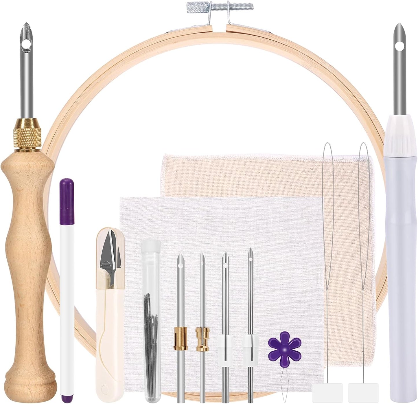 Pllieay 23 Pieces Punch Needle Kit, 2 Type Punch Needle Tool for Adults Beginner, Rug Tufting Kit, Adjustable Needle Punch Tool, Wooden & Plastic Handle Embroidery Pen for Embroidery Floss Cross Stit