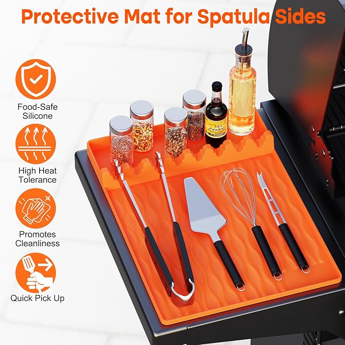 Silicone Grill Tool Mat for Blackstone, Heat Resistant Spatula Mat with Drip Pad, Side Mat for Blackstone Griddle Accessories, Silicone Griddle Mat for Outdoor Kitchen Countertop ,Gifts for Men Orange