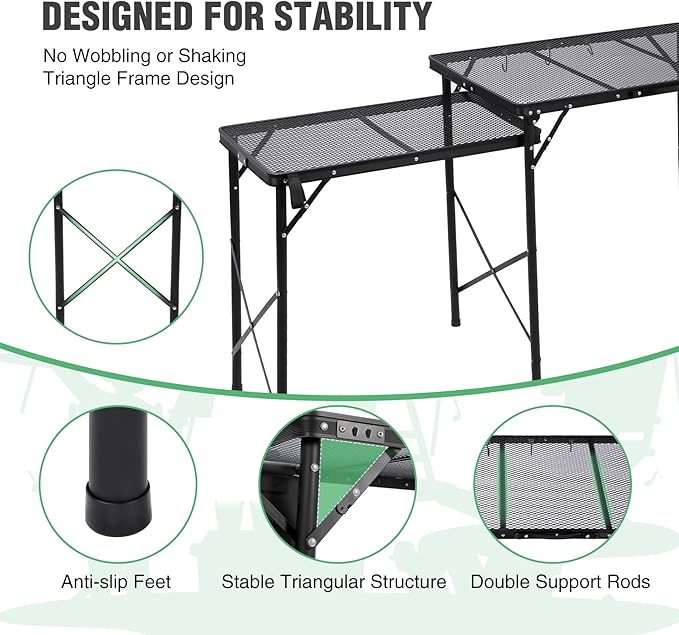 RedSwing Folding Grill Table with Sink and Double Shelf, Multifunctional Portable Stand Table for Outdoor Camping, Picnics, and Barbecues, 69"x20"x31.5", Black