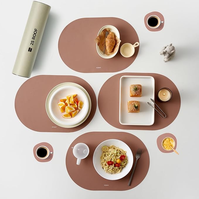 Clay Pink Oval Silicone Placemats Set of 4 with Matching Coasters – Heat Resistant, Waterproof, Easy to Clean Non-Slip Modern Dining Table Mats – Premium Leather Textured Japandi Kitchen Décor