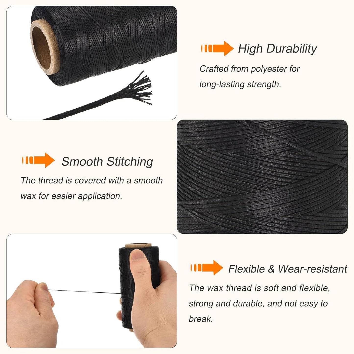 MECCANIXITY Waxed Thread,284 Yard 0.8mm 150D Flat Wax Thread Polyester Waxed String for Leather Sewing Hand Weaving Book Binding Home Decoration, Black