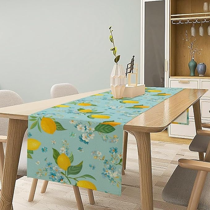 Farmhouse Lemon Fruit Table Runner,Nature Aesthetic Blue Flowers Plant Farmhouse Dining Table Decoration for Home Holiday Party Dresser Kitchen Cabin Restaurant Wedding Decor 13×90in