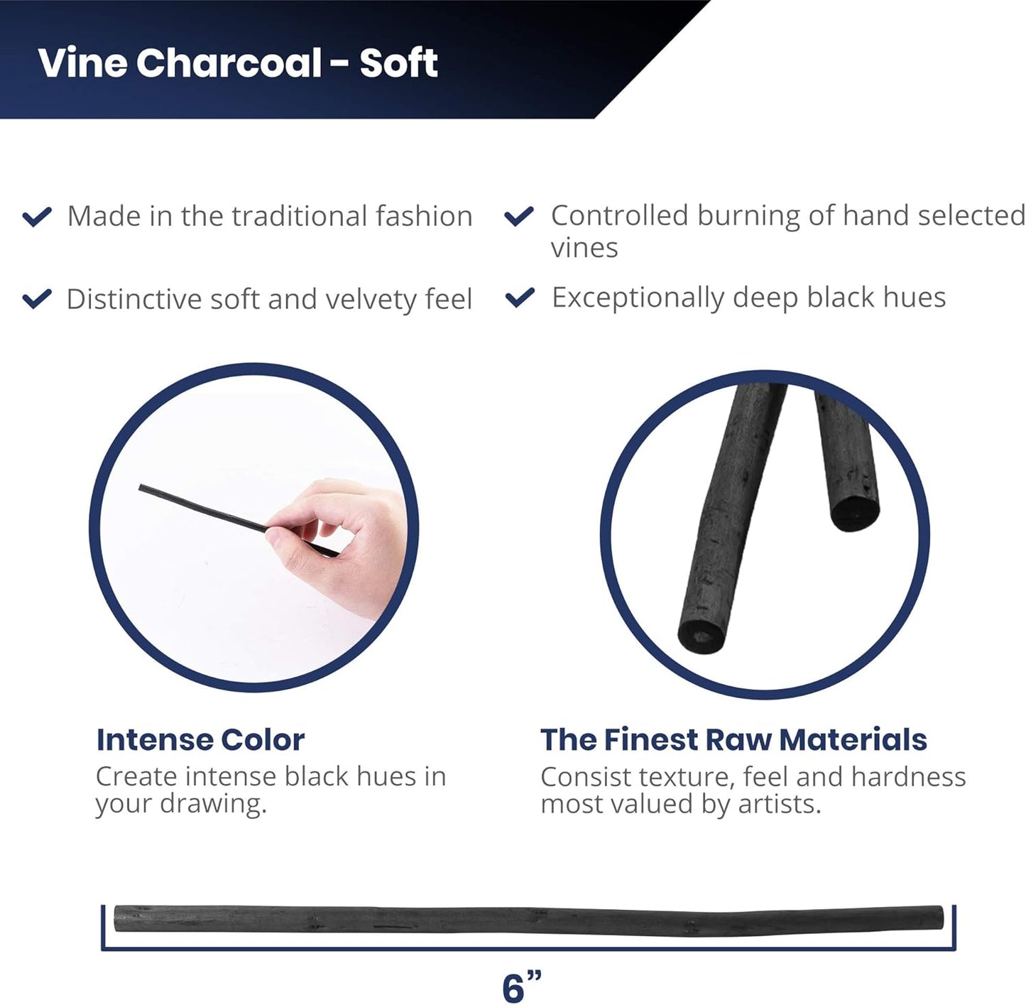 Pacific Arc Artist Vine Charcoal, Soft, Black 4 Charcoal Sticks for Drawing, Sketching, and Fine Art