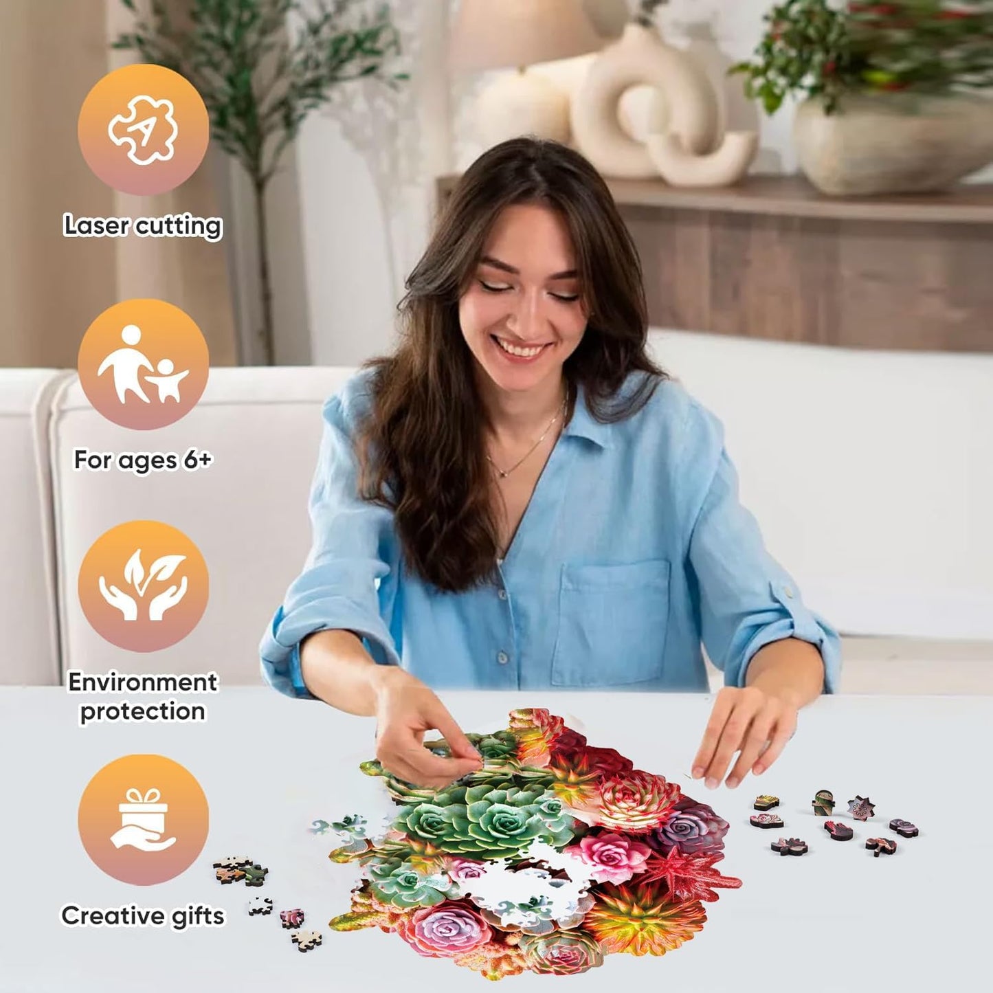 Wooden Puzzles for Adults 500 Piece, Colorful Succulent Puzzle for Mom, Challenging Puzzle, Luxurious Shaped Wooden Puzzles for Family Game 16.7 * 16.3in