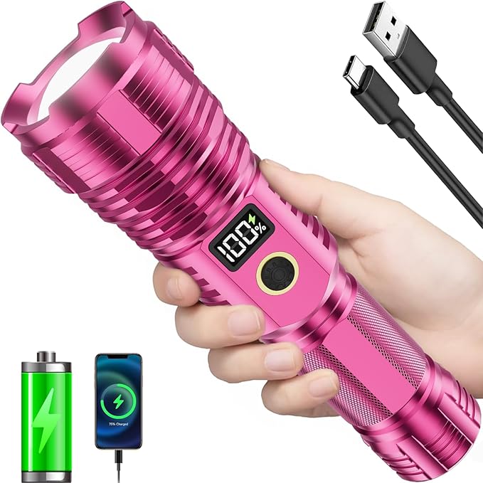 Flashlights High Lumens Rechargeable, LED Super Bright Flash Light Long Beam, Zoomable Linternas with LCD Digital Display, 5 Mode, Waterproof, Powerful Tactical Flashlight for Emergencies Camping Gift