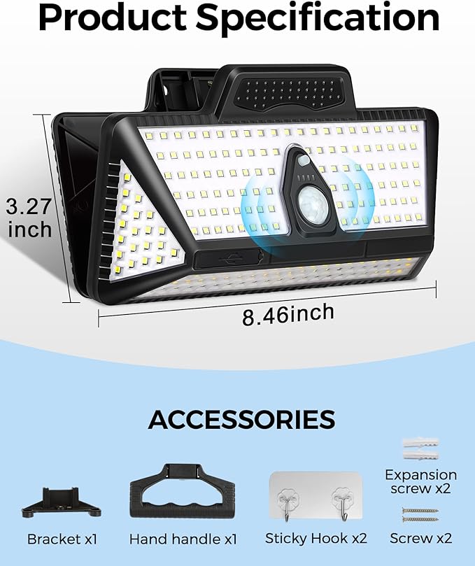 Large Clip on Solar Lights Outdoor, 208 LEDs 1000Lum Bright Solar Security Light with Motion Sensor, 3 Ways -Mount, Portable Solar Outdoor Lights for Fence Gutter Garage Yard