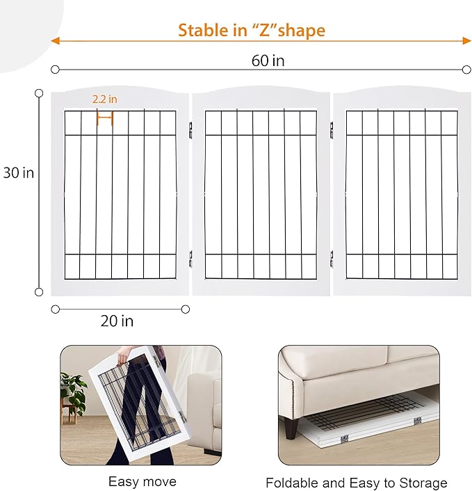 LZRS 3-Panel Freestanding Adjustable Wooden Dog Gate—30" Tall Foldable Pet Barrier with Support Feet, Chew-Resistant Solid Hardwood & Steel Wire Safety Fence for Doorways, Hallways, and Stairs, White