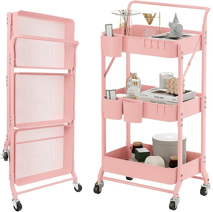 3-Tier Folding Rolling Utility Cart with Wheels, Metal Foldable Storage Cart Organizer with 3 Hanging Cups & 6 Hooks for Kitchen, Office, Living Room, Nursery(Pink)