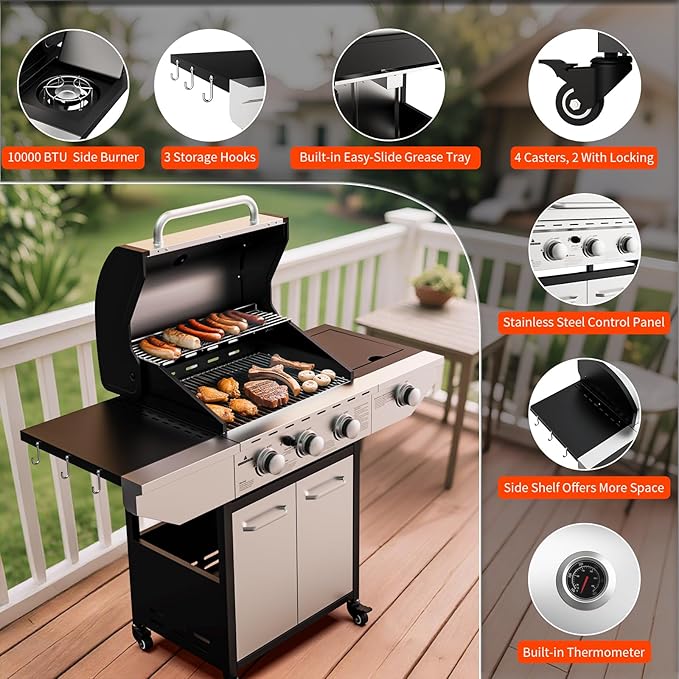 3-Burner Propane Gas BBQ Grill with Side Burner, 40,000 BTU Stainless Steel Propane Grill with Wheels and Storage,Outdoor Cooking Grill for Barbecue, Patio and Camping