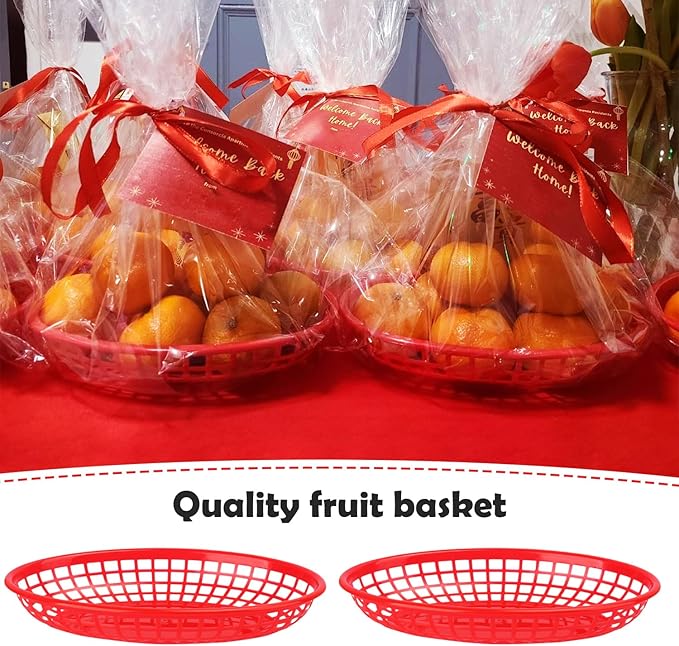 90 Pcs 9 x 5.7 Inch Reusable Oval Fast Food Baskets, Sturdy Plastic Serving Baskets for Fast Food, Parties, Picnics, BBQs and Snacks, by KUKLIPJIM.(Red)