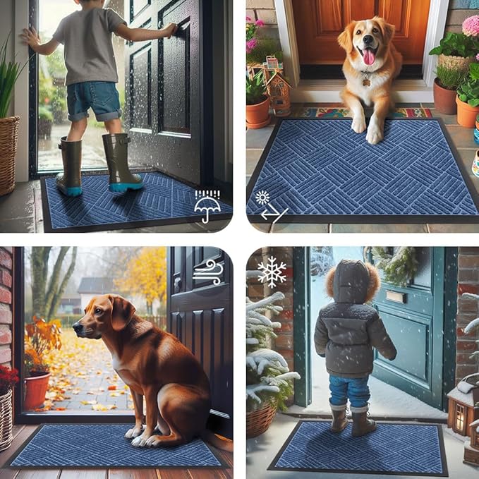 Smiry Front Door Mat Outside Entrance, Heavy Duty Outdoor Indoor Mat, Natural Rubber Doormat, Non Slip, Trap Dirt and Moisture, Easy Clean, Low Profile Patio Porch Entryway Mat, 47x23, Blue