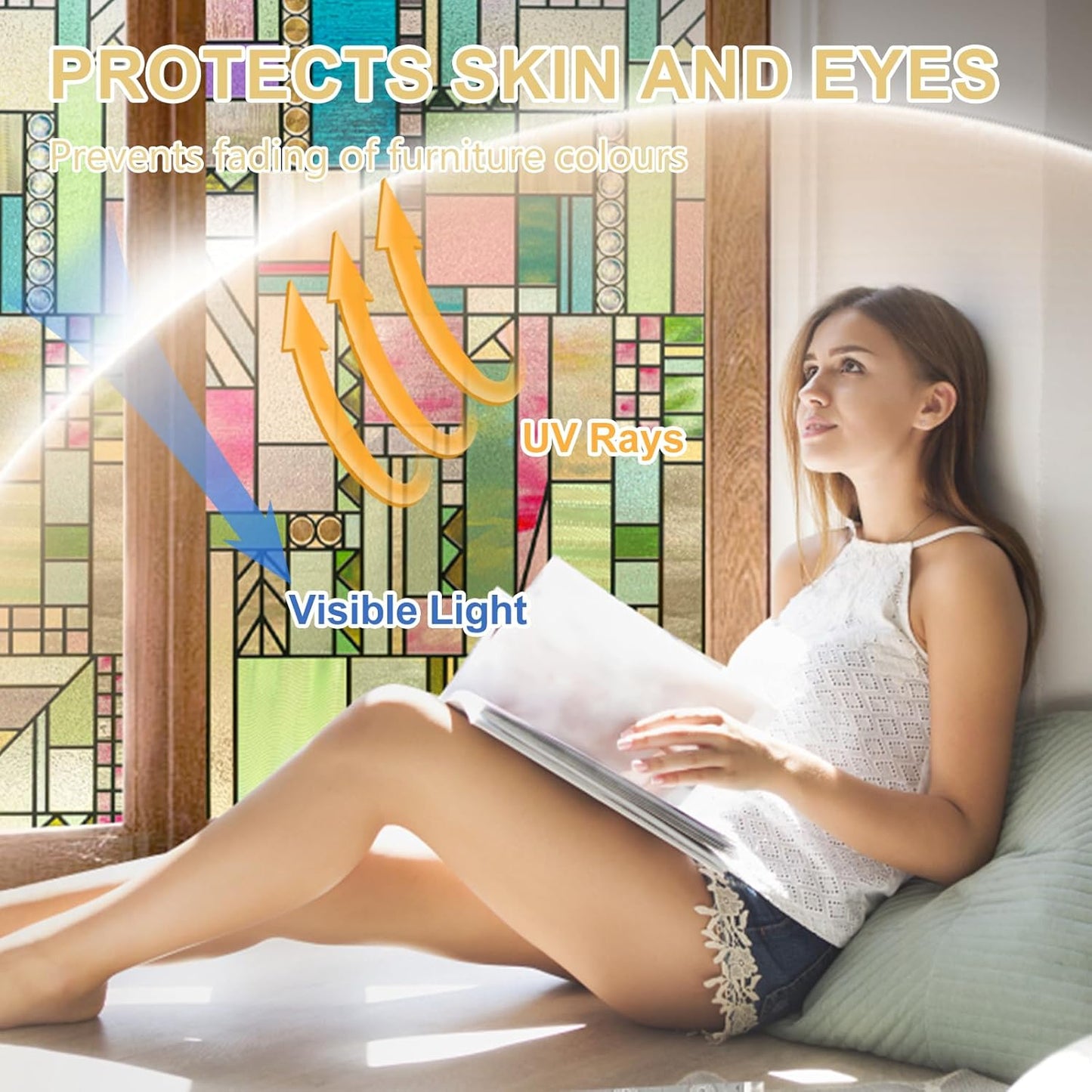 3D Stained Glass Window Privacy Film, Heat Control UV Blocking Static Cling Decorative Window Film for Bathroom,Front Door,Home Non Adhesive,Colorblock 16.9 x 78.7 inches