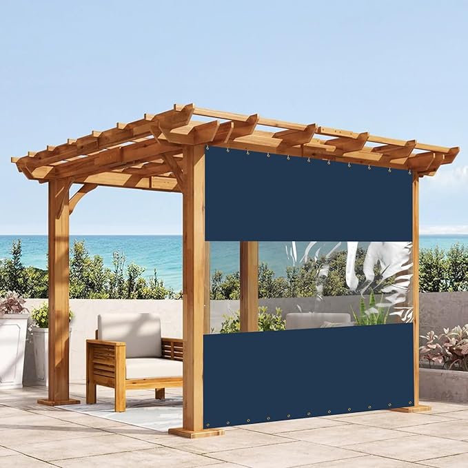 Covers & all Outdoor Clear Panel Curtain, 12 oz Vinyl Outdor Curtains for Patio, Waterproof & Weather Resistant Tarp with Brass Grommets for Pergola, Porch, Gazebos, Balcony (7’ H x 15’ W Feet, Blue)