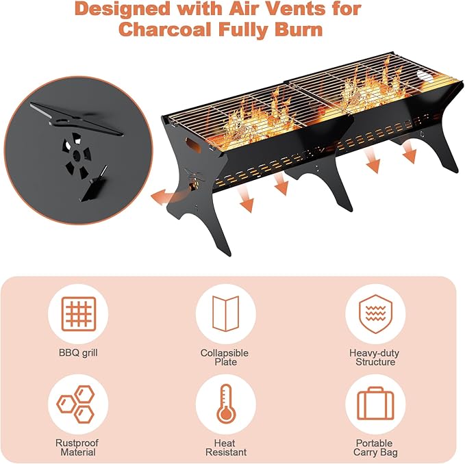 Charcoal Grills 2 Packs | Portable Folding Camping Grills, Backpacking & BBQ Grill, Heavy Duty Firepit Grate Grill with Carry Bag for Outdoor Cooking, Bonfire, Patio, Backyard-31 Inch