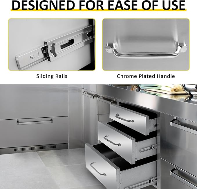 Outdoor Kitchen Drawers 18" W x 21" H x 23" D Flush Mount Triple BBQ Drawers with Chrome Handle Stainless Steel Drawer for Outdoor Kitchen Island, Patio Grill Station