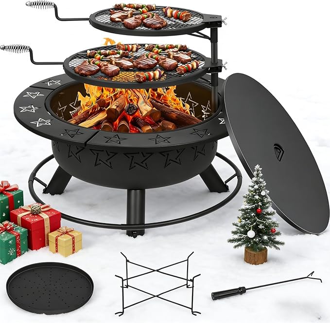 32.5" 3-in-1 Fire Pit Table with Dual Grills – Wood Burning Firepit for Outside Cooking, BBQ Grate & Round Patio Table – Includes Charcoal Pan, Log Rack,Poker & Lid for Backyard, Garden