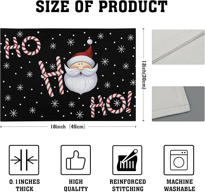 Giwawa Christmas Placemats Set of 4, Santa Claus Laugh Winter Snowflake Black Table Mat 12x18 Inch, Xmas Sweet Candy Cane Stick Heat Resistant Washable Place Mats for Dining Kitchen Holiday Decor