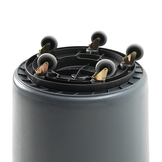 PRO&Family Commercial Round Trash Can with Lid and Dolly Rolling Waste Container, Ingredient Bin, Heavy-Duty Plastic, Anti-Static, Kitchen, Office, Outdoor Use (Gray, 55 Gallon)