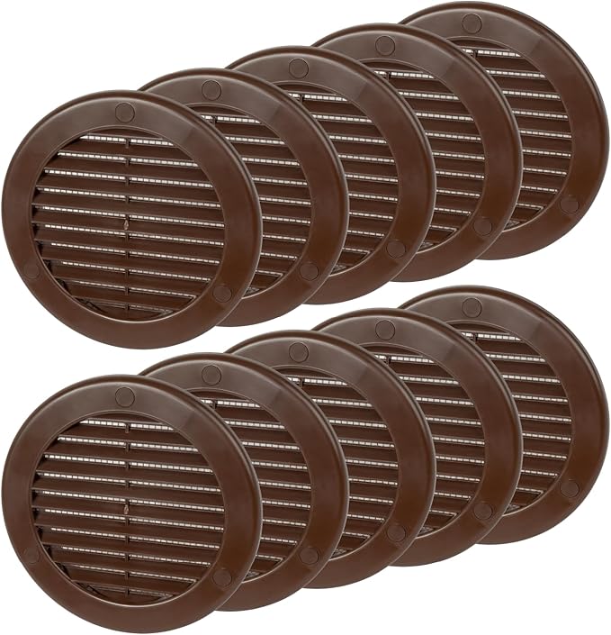 4 Inch [Opening] Brown Air Vent Cover – Pack of 10 – Plastic Round Air Vent Grill Cover for Wall or Ceiling, Built-in Mesh Screen/HVAC Return Air Register – Modern Louvered Design