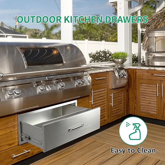 Outdoor Kitchen Drawers 30" W x 10" H x 23" D Stainless Steel Single Drawers with Ergonomic Handle for BBQ Island, Patio Grill Station & Outdoor Kitchen Cabinets