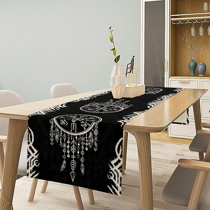 Viking Table Runner, Nordic Ancient Mythical Runes Print Table Runner for Home Dining Kitchen Coffee Table Party 13x90in