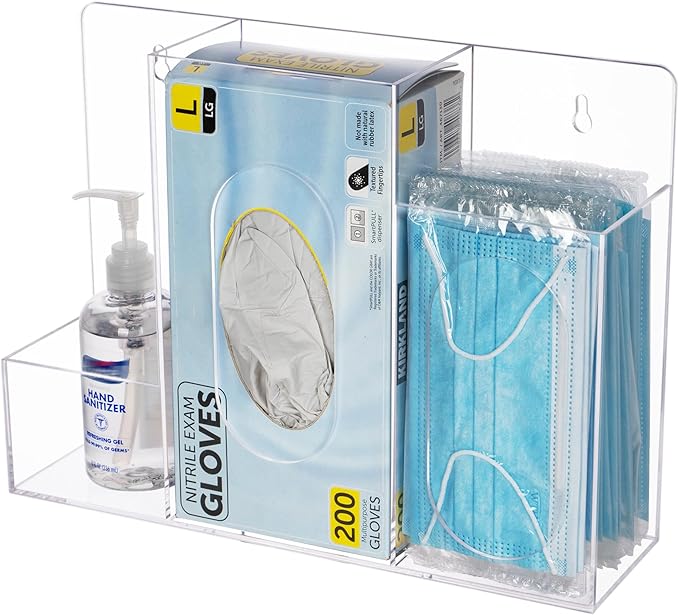 Acrylic Hygiene Dispenser Station with 3 Compartments - Triple Sanitation Station Holder Dispenser for Face Masks, Gloves Box, Hand Sanitizer, Hairnets, Tissues- Wall Mount or Tabletop