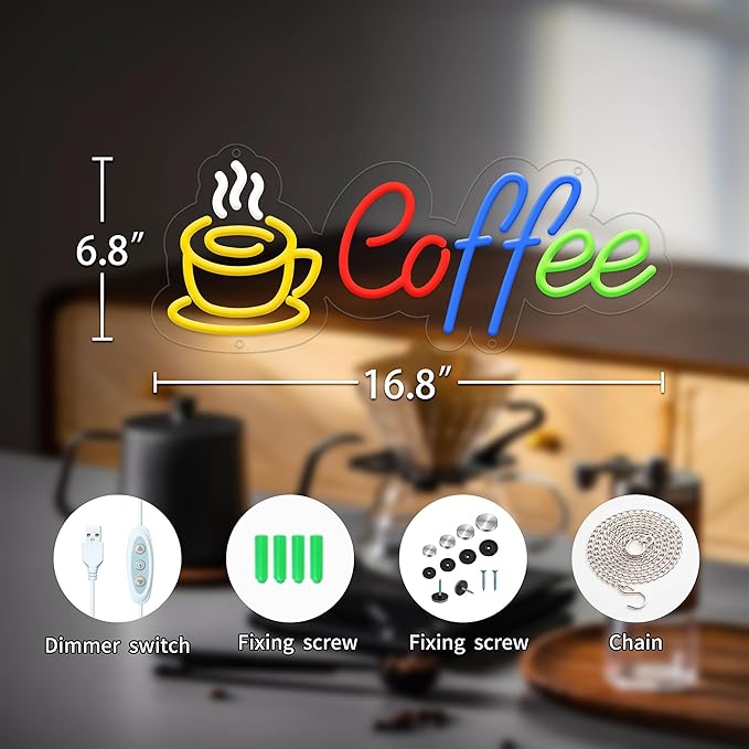Coffee Neon Signs for Wall Decor, Neon Lights for Coffee Shop Led Business Signs Suitable for Kitchen Bar Pub Restaurant Christmas Gift, 16.8 * 6.8In