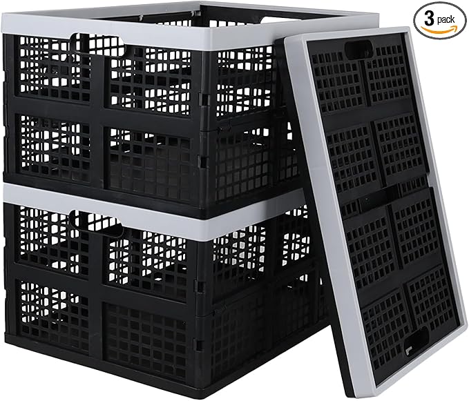 Yuright 3 Pack Folding Storage Crates Large, 67 L Plastic Stackable Utility Crate, Rectangular Milk Crate