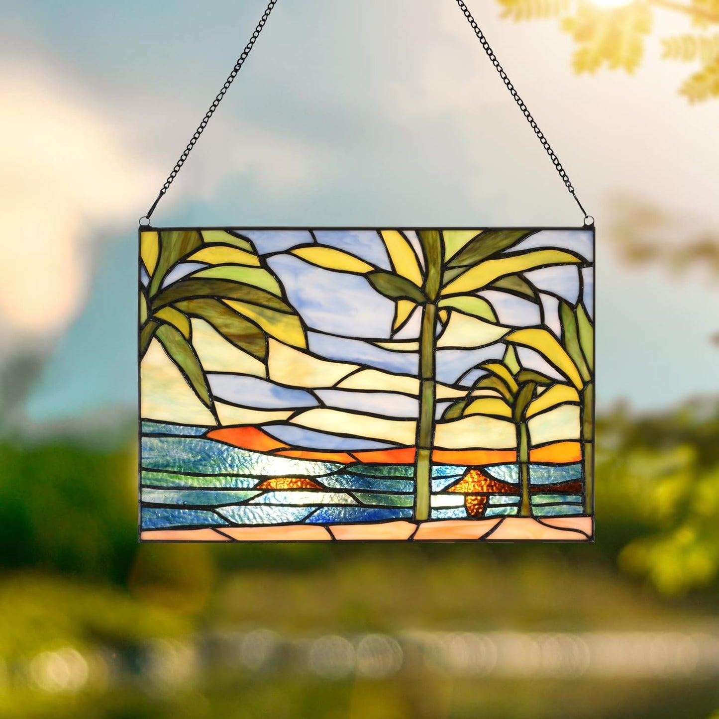 PA0006 Stained Glass Window Panel-14 Wx9.5 H Window Suncatcher Tiffany Style Ornament,Tropical Palm Trees Home Hanging Decorations