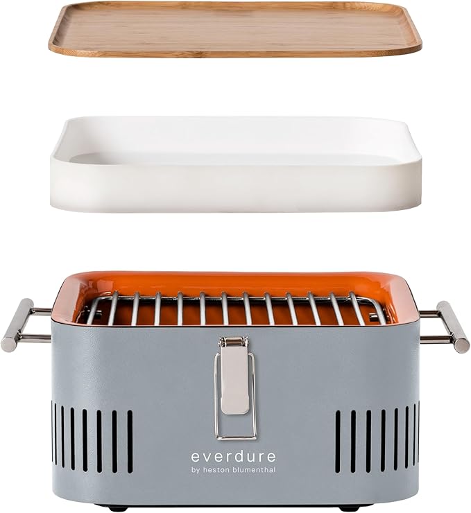 Everdure CUBE Portable Charcoal Grill, Tabletop BBQ, Perfect Tailgate, Beach, Patio, or Camping Grill, Lightweight & Compact Small Grill with Preparation Board & Food Storage Tray, Stone