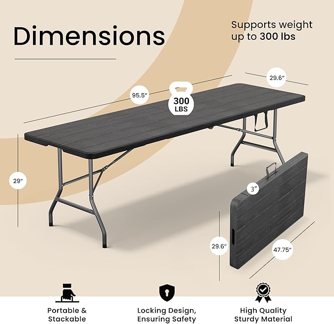 8 Feet Foldable Table with Built in Handle & Steel Legs | Heavy Duty Portable | Perfect for Party, Dining, Wedding, Events, Picnic Indoor, Outdoor, Camping, Utility, Temporary