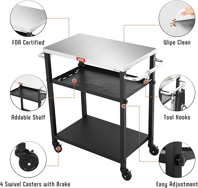 3-Shelf Grill Table, Pizza Oven Stand with Shelf, Movable Pizza Oven Grill Cart, Grill for Outside, Outdoor Bar Cart with Wheels, Stainless Steel top, L26.6xW16.1