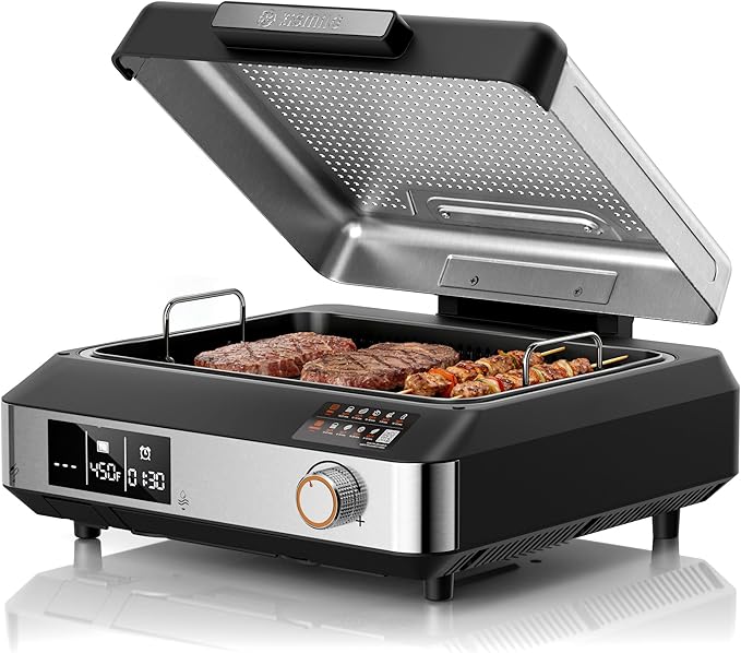 Kismile 2-in-1 Griddle and Indoor Grill,Electric Smokeless Grill with Temperature Probe,Temperature Control & display screen,Portable Smoke-Free Griddle for Indoor Steaks,Vegetables,Family Cooking
