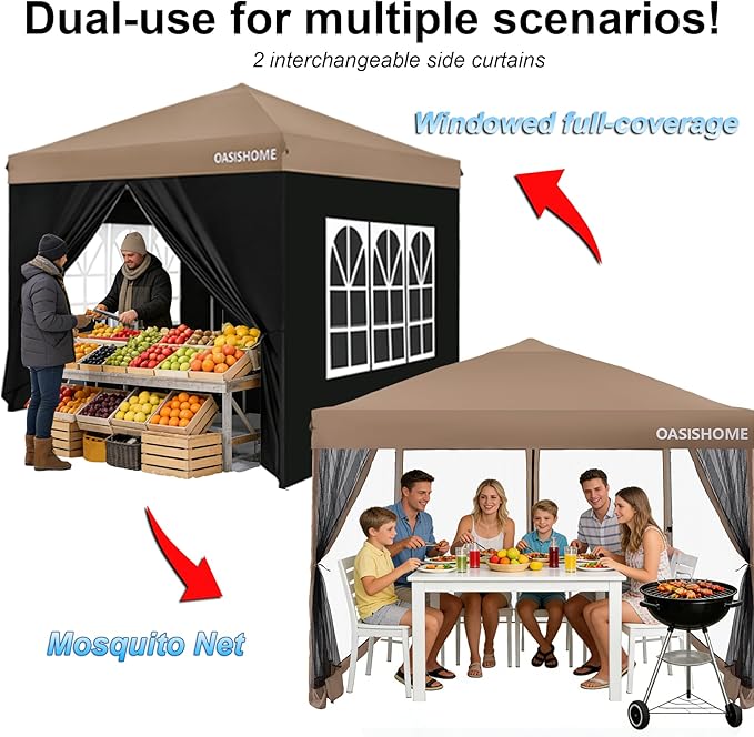 OASISHOME Pop-up Gazebo Instant Portable Canopy Tent 10'x10', with 2 Styles Sidewalls,Netting, Windows, Wheeled Bag, for Patio/Outdoor/Wedding Parties and Events